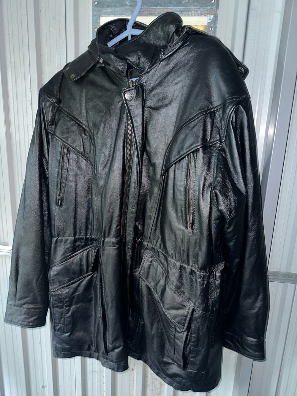 Men's Black Military-Style Leather Field Jacket